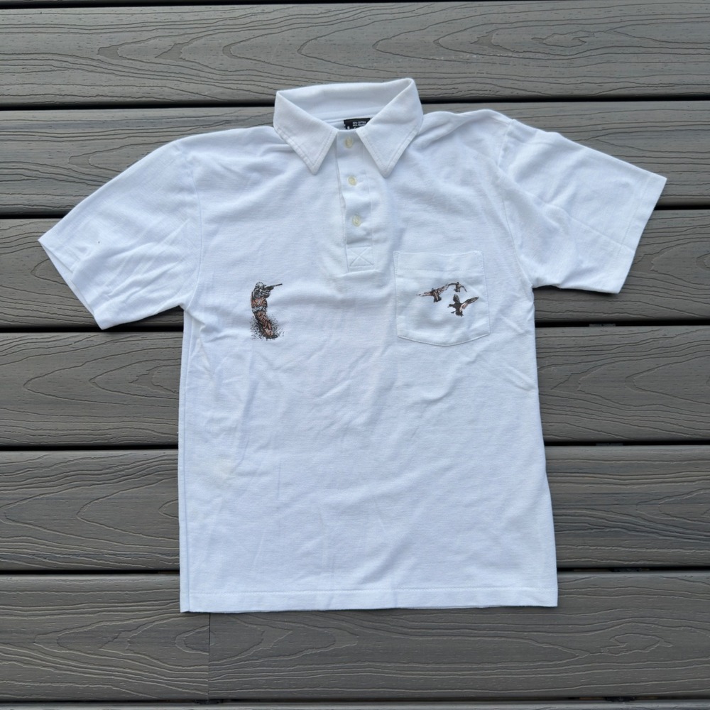 Vintage 80s Screen Stars Duck Hunting Polo Shirt White Single Stitch Small USA